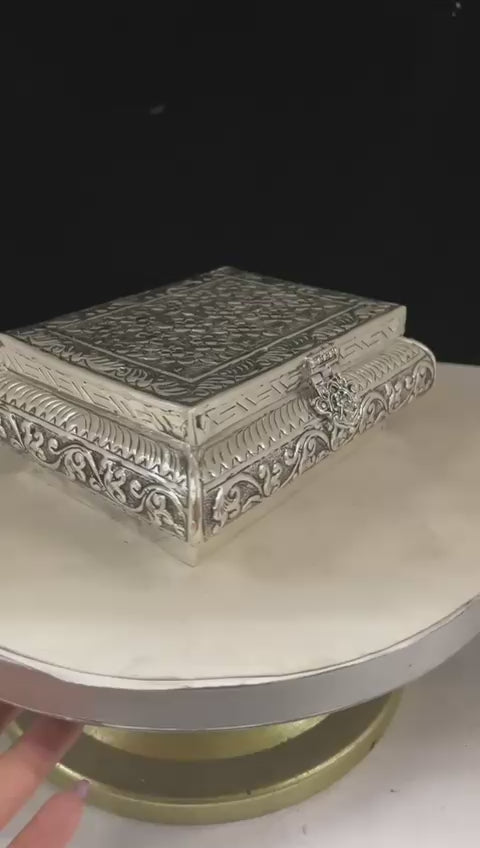German silver flower design fully carved jewelry box